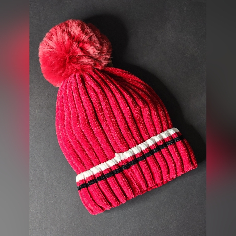 Red Knit Chenille Pom-Pom Beanie